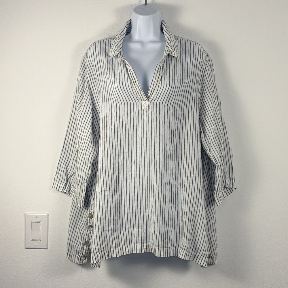 Sigrid Olsen Blue White Striped Linen Tunic Blouse Collared 3/4 Sleeve XL